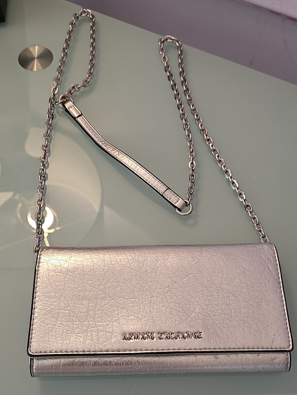 Armani Exchange Metallic Silver Chain Crossbody Wallet